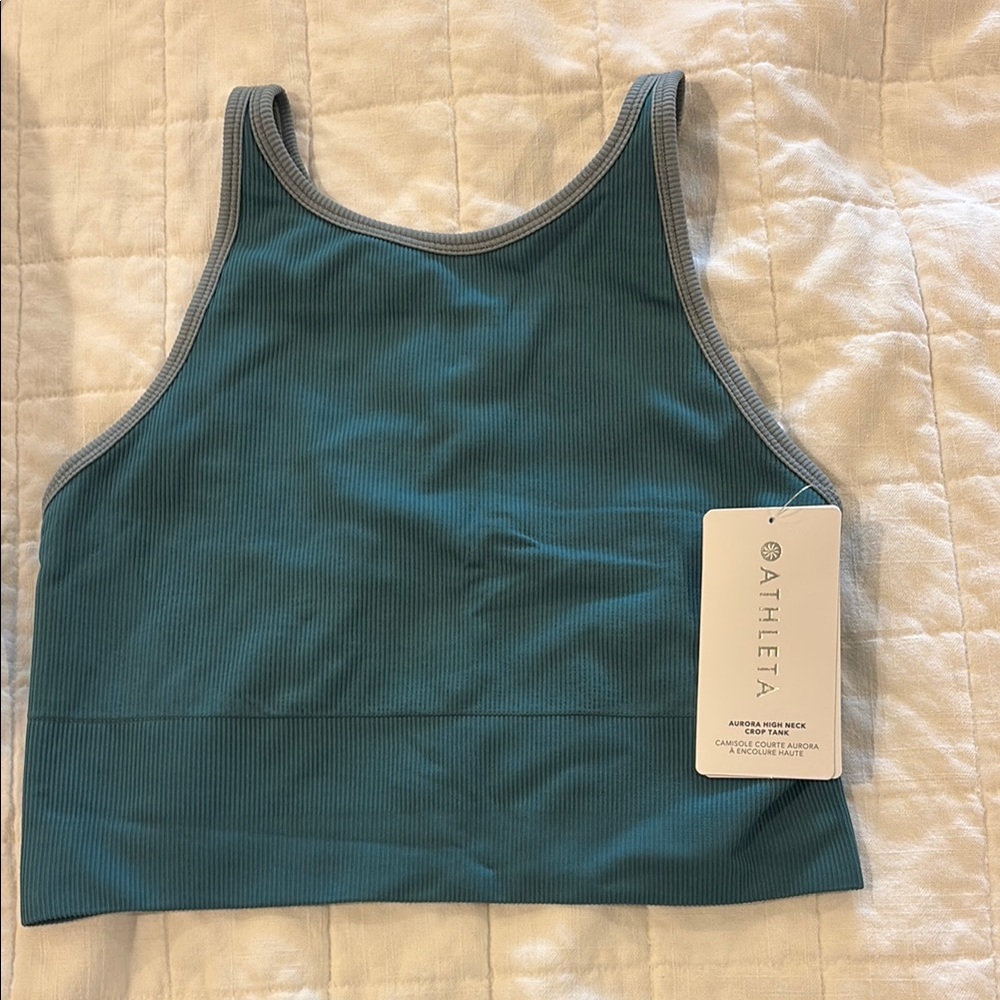 Athleta Blue Ribbed Crop Top with Gray Trim
